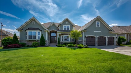 Modern luxury brick home architecture with a new roof and windows on a suburban residential estate property featuring a green grass lawn and garden yard under a clear sky