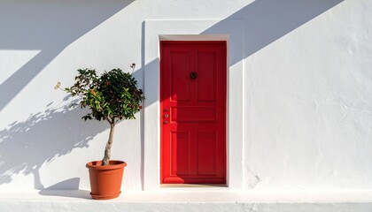 Minimalist Red Door on White Stucco Wall with Potted Plant and Clear Blue Sky