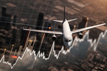 Airplane flying over financial graph showing economic growth and airline industry trends