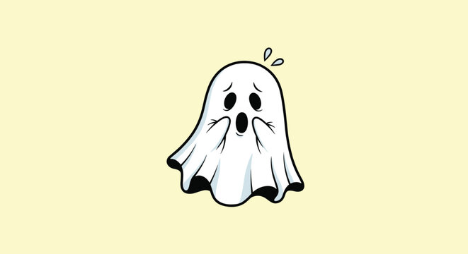 Cute cartoon ghost character looking scared and surprised with its hands on its cheeks on a solid yellow background.