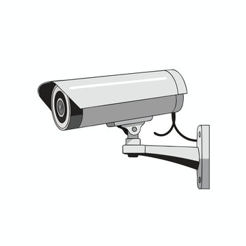 Illustration of a silver security camera mounted to a wall with a curved arm