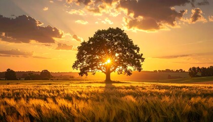 Solitary Tree in Golden Field at Sunset with Radiant Light and Vibrant Autumn Sky Colors