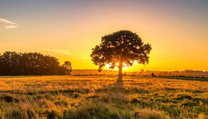 Solitary Tree in Golden Field at Sunset with Radiant Light and Vibrant Autumn Sky Colors