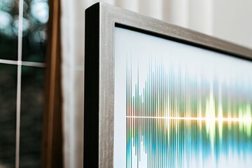 Close-up view of a television screen displaying a vibrant, glowing soundwave graphic, bringing modern digital art and technology into a home setting