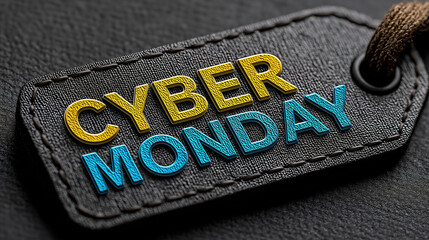 Cyber Monday text displayed on a black tag for online shopping and seasonal sale promotion