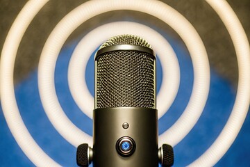 Professional studio condenser microphone capturing sound waves with vibrant, abstract glowing energy in a modern broadcast and audio recording concept