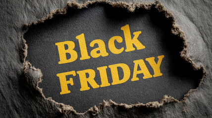 Top view of black torn paper with Black Friday text on backboard for seasonal sale design