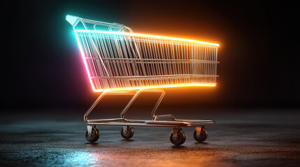 Neon glowing metal shopping cart on dark background symbolizing online shopping black friday
