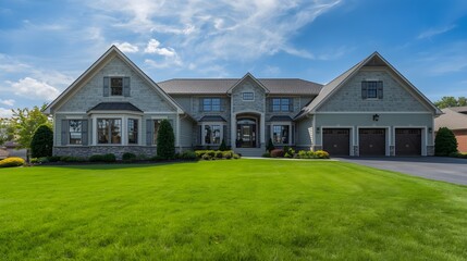 Fototapeta premium Modern brick residential home architecture features a new suburban house on the hill and in the park with a green grass lawn, garden yard, and blue sky