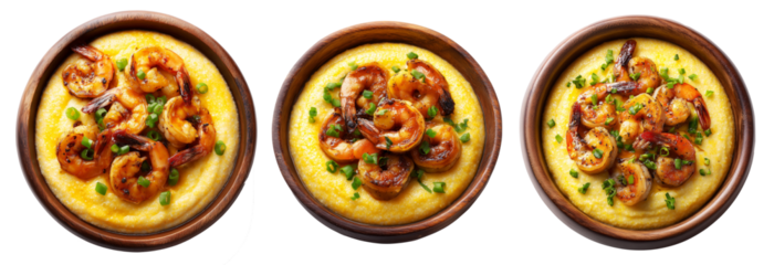Spicy shrimp served over creamy grits with garnish, isolated on white background, concept of southern American cuisine