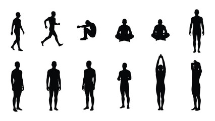 Silhouettes depicting various human poses including walking meditation and stretching