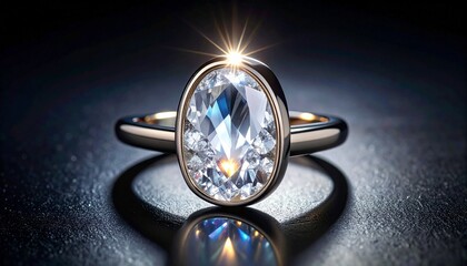 Luxurious Oval-Cut Diamond Ring with Polished Metal Band Sparkling Against Dark Elegant Background