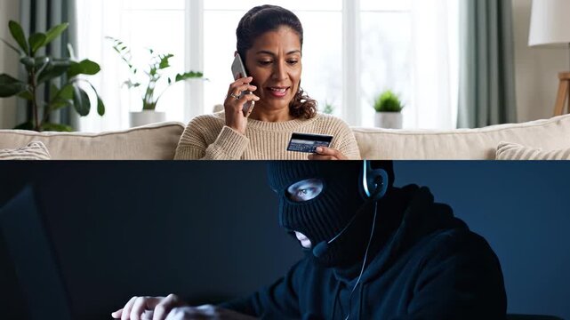  African-American woman holding credit card and talking on phone with scammer at home, senior female victim of online crime, cyber fraud and internet financial scam concept