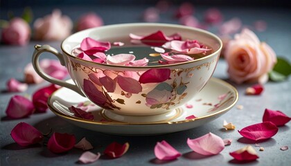Porcelain Teacup with Floating Pink Rose Petals and Floral Gold Trim in Romantic Setting