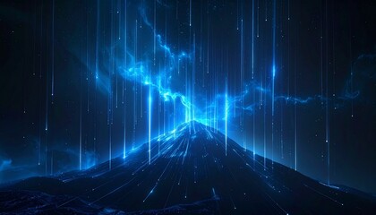 Surreal Landscape with Cascading Blue Light Beams Creating Mystical Cosmic Atmosphere Over Dark Terrain