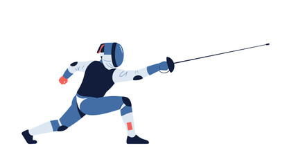 Obraz premium Fencer in a dynamic lunge pose, wearing a modern blue and white uniform and attacking with a sword.