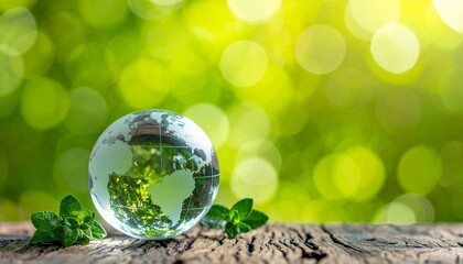Glass Sphere on Wooden Surface with Green and Yellow Background Creating Refraction and Inverted Scene Effect