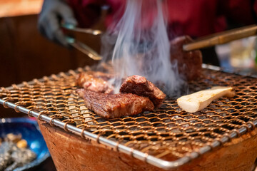 Wagyu ribeye beef sliced on the grill