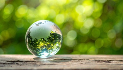 Glass Sphere on Wooden Surface with Green and Yellow Background Creating Refraction and Inverted Scene Effect