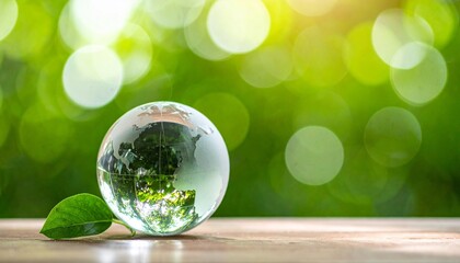 Glass Sphere on Wooden Surface with Green and Yellow Background Creating Refraction and Inverted Scene Effect