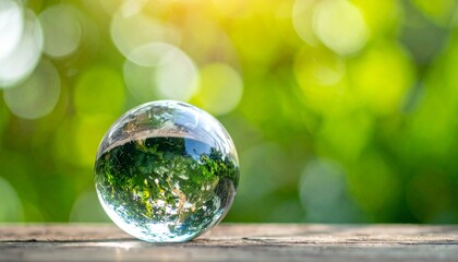 Glass Sphere on Wooden Surface with Green and Yellow Background Creating Refraction and Inverted Scene Effect