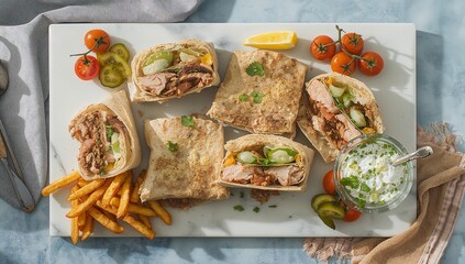Doner kebab wrap with seasoned meat, fresh vegetables, and savory sauce, soft flatbread roll, flavorful Middle Eastern street-food style with clean appetizing presentation
