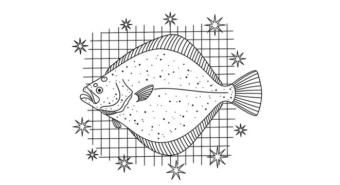 Detailed line art illustration of a flatfish placed over a grid background with decorative stars in a nautical theme.