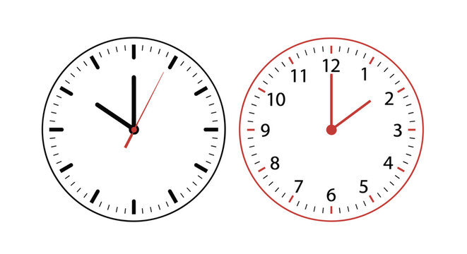Two analog clock faces with clear markings showing different times for time management and scheduling concepts.