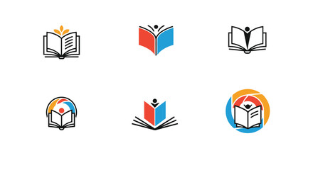 Collection of six creative logos for education and learning featuring open book icons integrated with human figures and leaves.