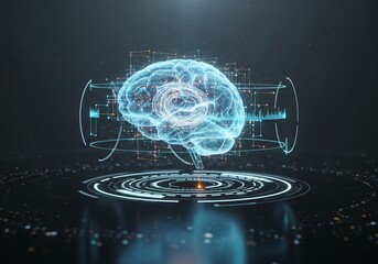 Glowing Digital Human Brain Hologram with Interface Rings Showing Artificial Intelligence and Futuristic Technology Concept
