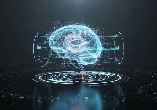 Glowing Digital Human Brain Hologram with Interface Rings Showing Artificial Intelligence and Futuristic Technology Concept - Powered by Adobe