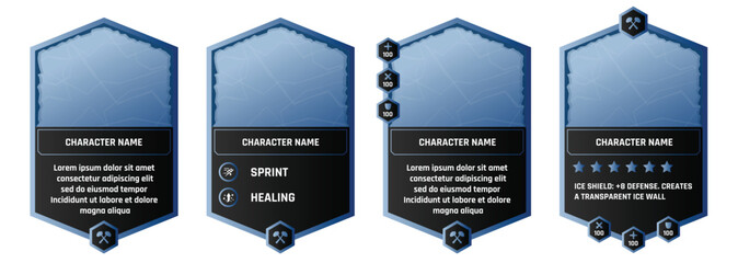 Ice Themed game trading card templates with a Blue color. Customizable vector design for TCG, RPG, and character cards. Features slots for player name and description. © Farhan