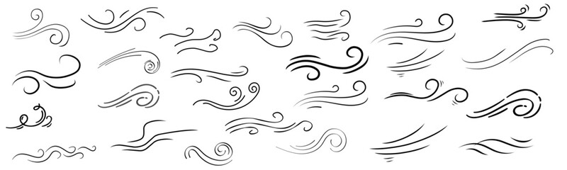 Hand drawn doodle wind motion air blow swirl elements. air blow motion, smoke flow art, abstract line.  vector illustration. 