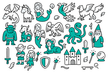 Obraz premium Vibrant Fantasy Creatures. Fantasy creatures. Hand-drawn doodle illustration fantasy creatures dragons, unicorns, mermaids, phoenix, griffin, colored minotaur,