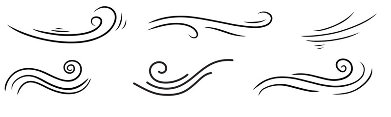 Doodle wind line sketch set. Hand drawn doodle wind motion, air blow, swirl elements. vector illustration.