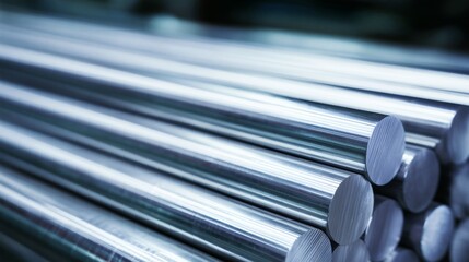 Close-up of polished aluminum rods stacked together, showing smooth metal surfaces and cylindrical shapes used in industrial manufacturing and engineering.