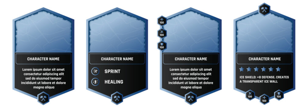 Ice Themed game trading card templates with a Blue color. Customizable vector design for TCG, RPG, and character cards. Features slots for player name and description.