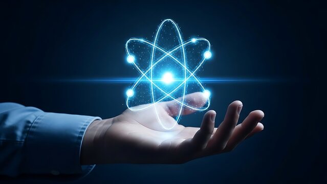 Technological background featuring a person holding a glowing atomic symbol, perfect for science, energy, and engineering marketing materials - Powered by Adobe