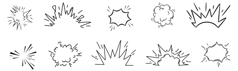 Comic line speed effect cartoon explosive vector set. Hand drawn sketch doodle comic line speed motion, explosive cartoon burst icons. Vector illustration 