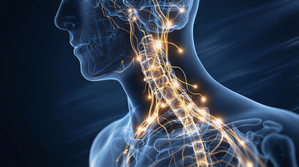 Transparent human neck and chest illustrating vagus nerve activation and acetylcholine release signaling for neuromodulation and autonomic regulation.