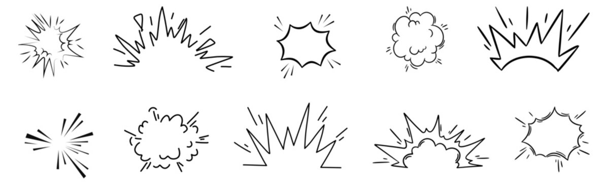 Comic line speed effect cartoon explosive vector set. Hand drawn sketch doodle comic line speed motion, explosive cartoon burst icons. Vector illustration 