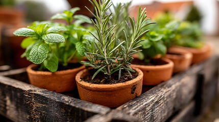 Fresh Culinary Herbs in Terracotta Pots Including Mint and Rosemary in Rustic Wooden Crate, Kitchen Garden Herb Photography