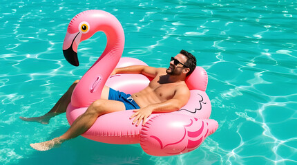 Man relaxing on inflatable flamingo float in turquoise water for summer fun