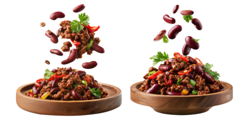 Southwest Tex-Mex Chili con carne beef chili stir-fry with or without beans isolated on white background, concept of hot cuisine