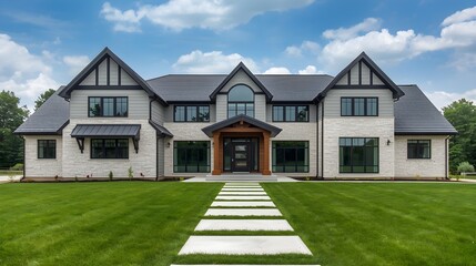 A luxury residential villa featuring brick architecture and new windows stands as a suburban home on a hill overlooking a green grass lawn and garden park under a clear sky