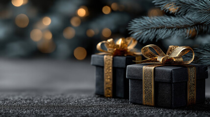 Luxury dark background gift boxes with golden bows for black friday promotions online