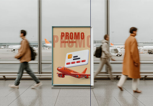 Airport Vertical Advertising Poster Mockup with Travelers