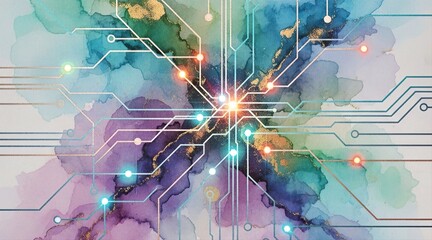 Colorful Circuit Board Lines and Glowing Data Points