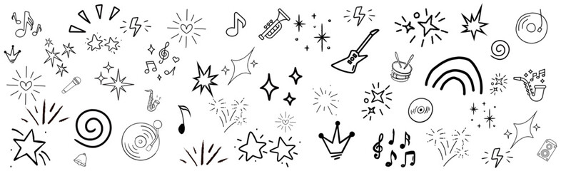 Music star doodle icon set. Hand drawn music sketch icons. Vector illustration 