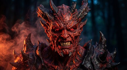 Fierce Red Demon with Horns and Glowing Eyes in Dark Fantasy Setting